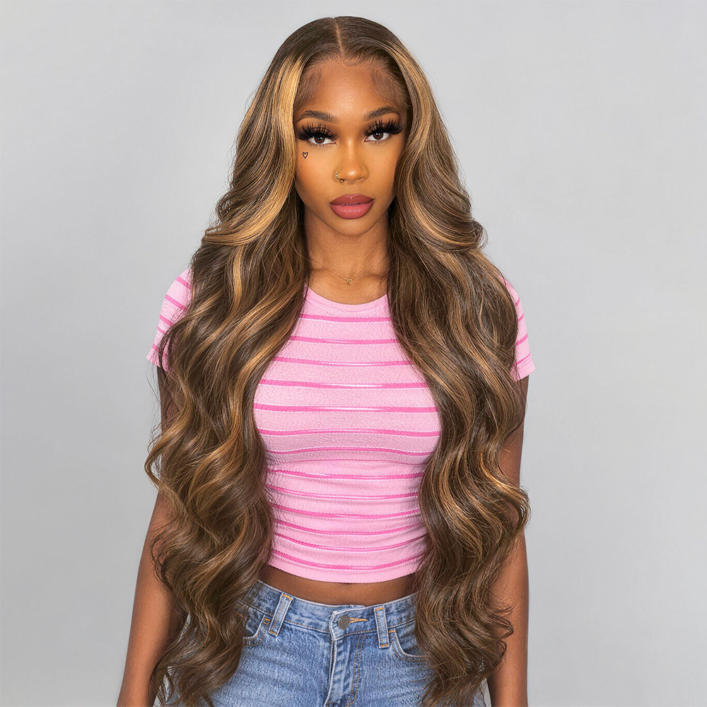 Hairsmarket Balayage Highlight Honey Blonde Bouncy Body Wave Hair 3 Bundles with 4x4 Lace Closure P4/27