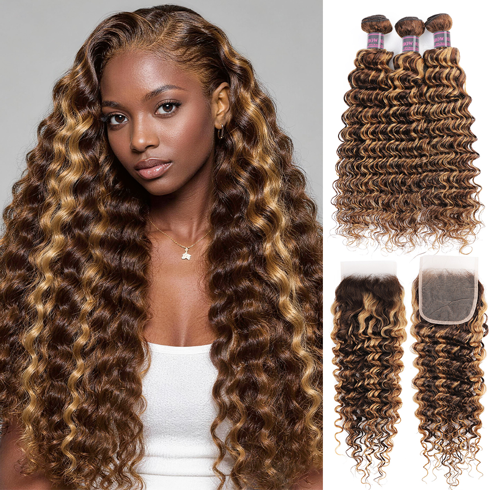 Hairsmarket Highlight P4/27 Bundles With Closure Deep Wave Hair With 4x4 Lace Closure