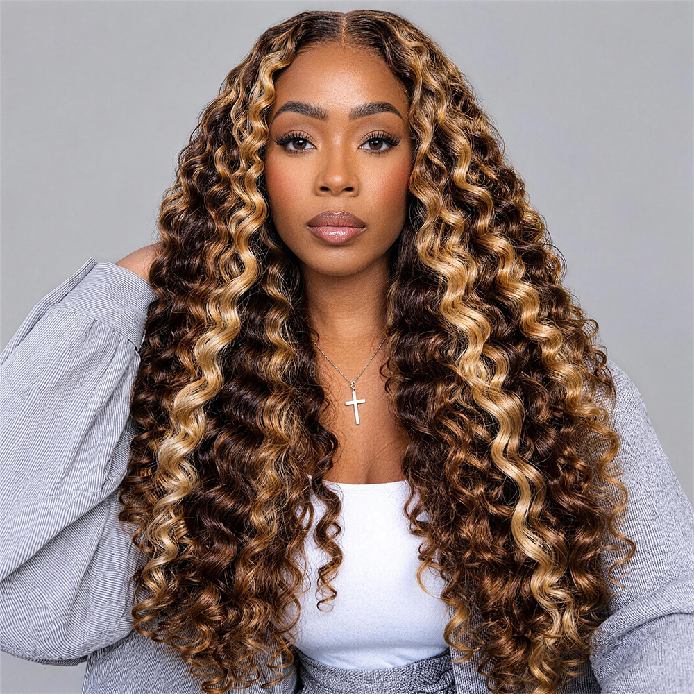 Hairsmarket Highlight P4/27 Bundles With Closure Deep Wave Hair With 4x4 Lace Closure