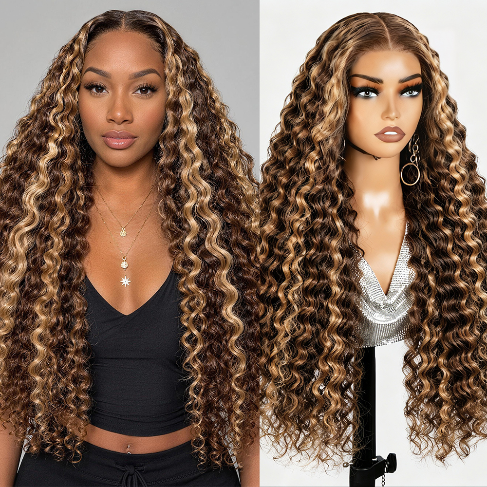 Hairsmarket Honey Blonde Highlight Color Wig Deep Wave Hair 13x4 HD Transparent Lace Front Wigs 30 Inch Hair