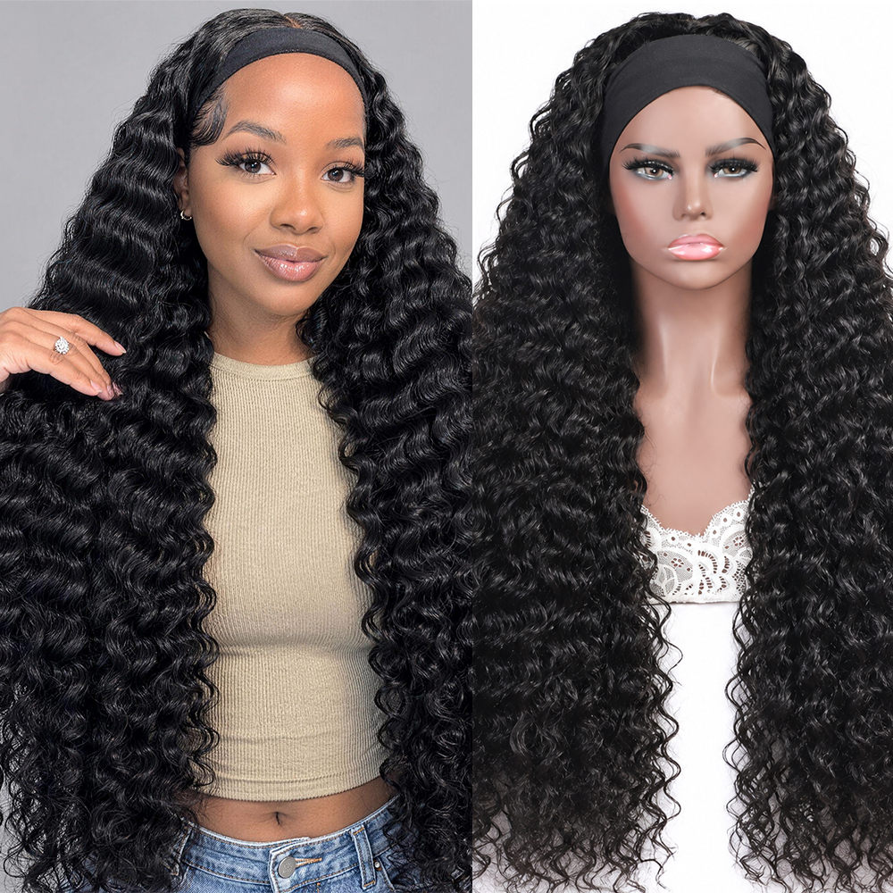 Deep Wave Headband Wig No Lace No Glue Pre Attached Scarf Wig