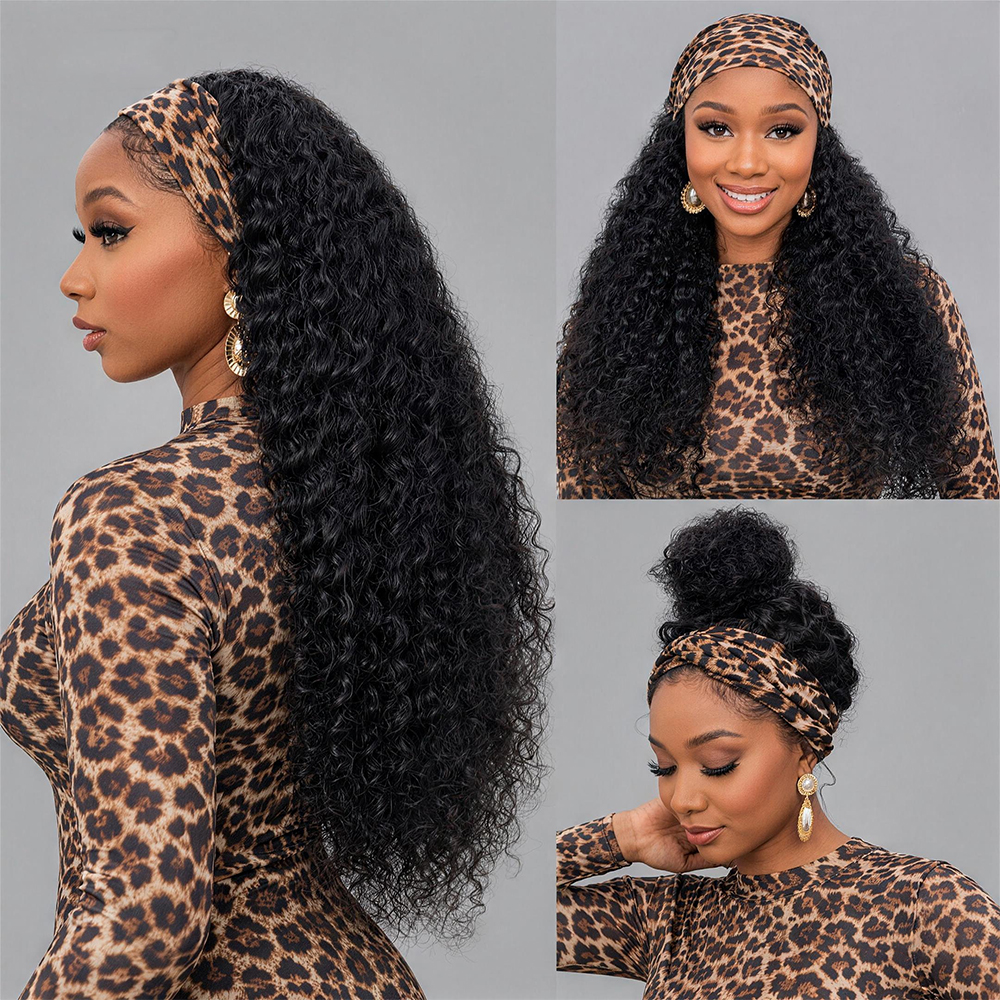 Deep Wave Headband Wig No Lace No Glue Pre Attached Scarf Wig