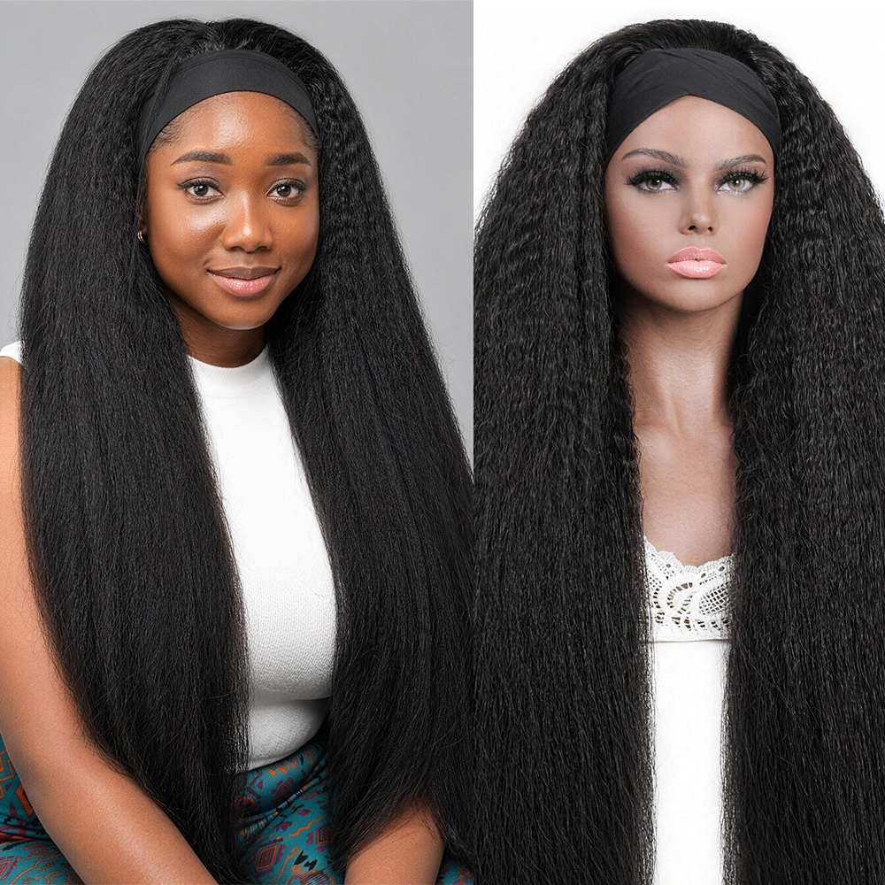 Yaki Straight Human Hair Half Wig with Headband Kinky Straight Hair Headband Wigs
