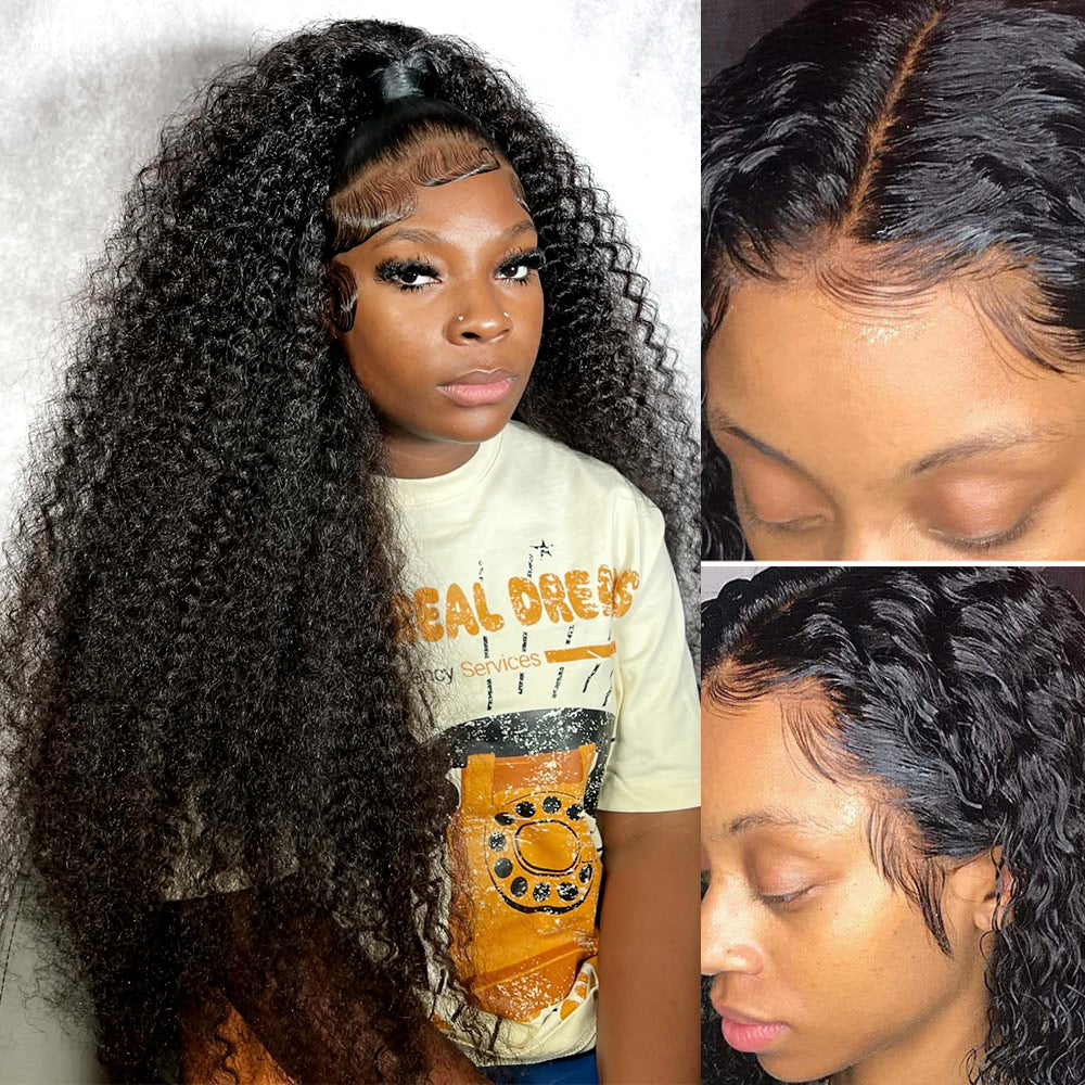 Woman with long curly hair and close-up shots of the hairline and texture.