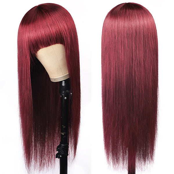 Straight Hair 99J# Colored Virgin Human Hair Wigs Machine Made Wigs With Bangs
