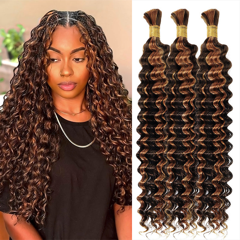Hairsmarket Highlight Piano Color P4/30 Deep Wave Bulk Human Hair For Braiding Bundles #4 #30 Color Boho Braiding Human Hair Extension