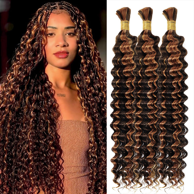 Hairsmarket Highlight Piano Color P4/30 Deep Wave Bulk Human Hair For Braiding Bundles #4 #30 Color Boho Braiding Human Hair Extension