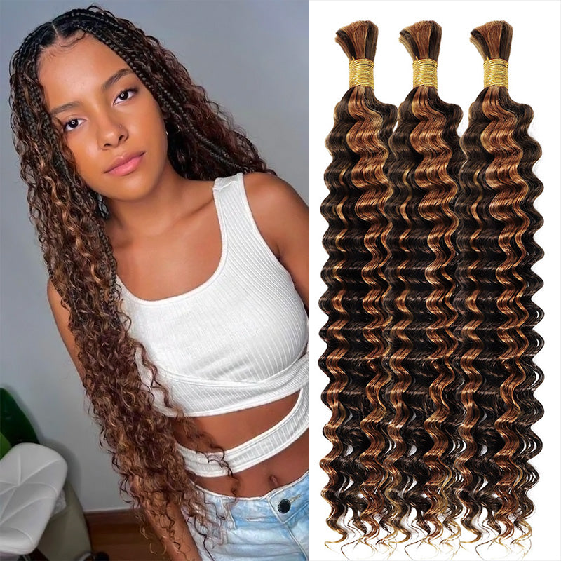 Hairsmarket Highlight Piano Color P4/30 Deep Wave Bulk Human Hair For Braiding Bundles #4 #30 Color Boho Braiding Human Hair Extension