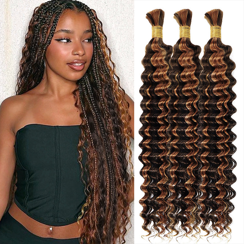 Hairsmarket Highlight Piano Color P4/30 Deep Wave Bulk Human Hair For Braiding Bundles #4 #30 Color Boho Braiding Human Hair Extension