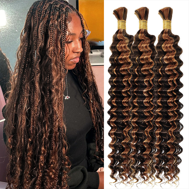 Hairsmarket Highlight Piano Color P4/30 Deep Wave Bulk Human Hair For Braiding Bundles #4 #30 Color Boho Braiding Human Hair Extension