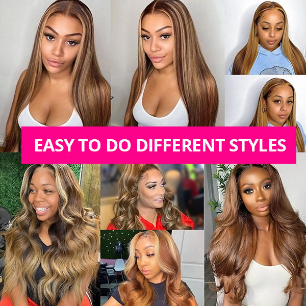 Balayage Highlight Glueless Wigs Body Wave 13x4 Lace Front Wigs Ombre 13x6 Invisible HD Lace Frontal Wigs P4/27 Color