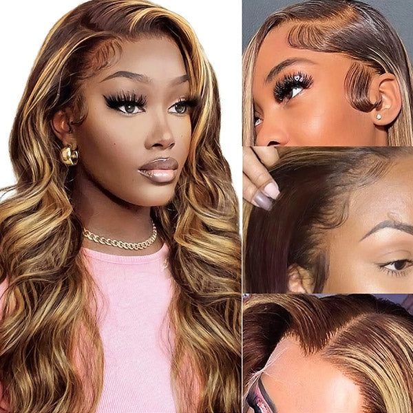 Balayage Highlight Glueless Wigs Body Wave 13x4 Lace Front Wigs Ombre 13x6 Invisible HD Lace Frontal Wigs P4/27 Color