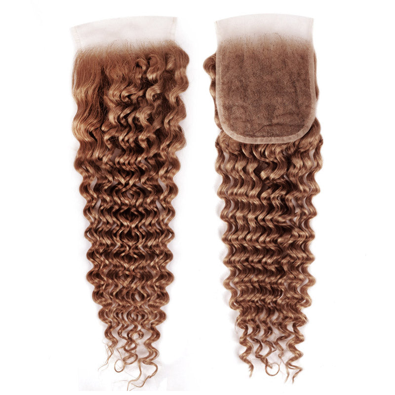 #4 Chocolate Brown Deep Wave 3 Bundles With 4x4 Lace Closure 100% Human Hair
