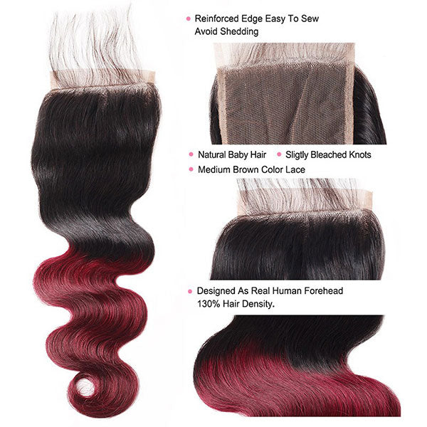 Ombre 99J Body Wave Human Hair 3 Bundles With 4x4 Lace Closure