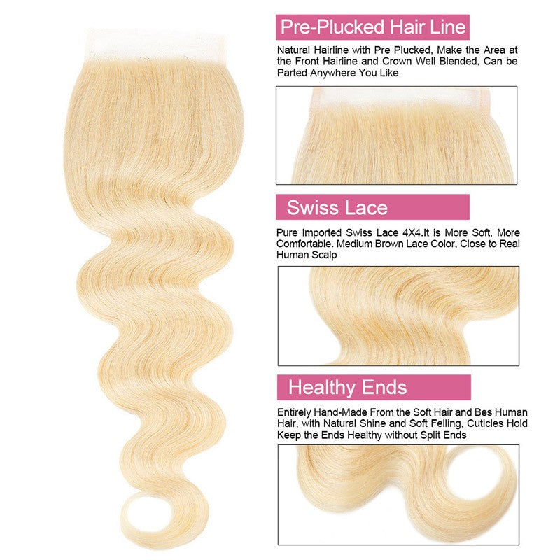 3 Bundles 613 Blonde Body Wave Human Hair With 4x4 Lace Closure