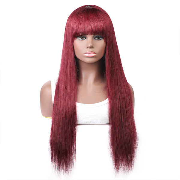 Straight Hair 99J# Colored Virgin Human Hair Wigs Machine Made Wigs With Bangs