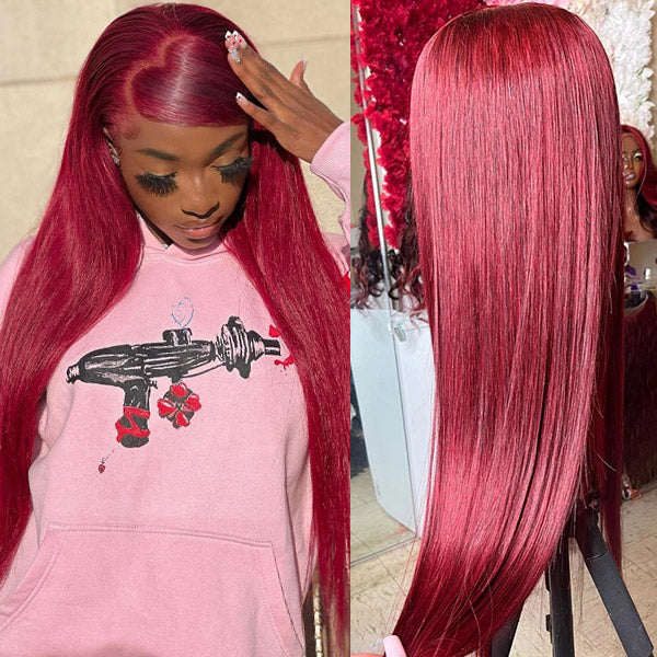#99J 13x4 Straight Human Hair Burgundy Lace Front Wig 30 Inch Wig Colored Hair