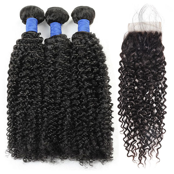 10A Brazilian Hair Curly Human Hair 3 Bundles With Lace Closure