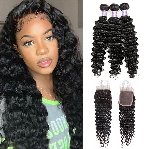 9A Allove Deep Wave Virgin Hair 3 Bundles With One FREE Closure