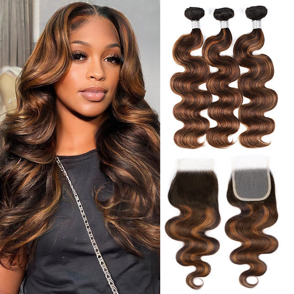 Hairsmarket #FB30 Brown Balayage Highlight Human Hair 3 Bundles With Lace Closure