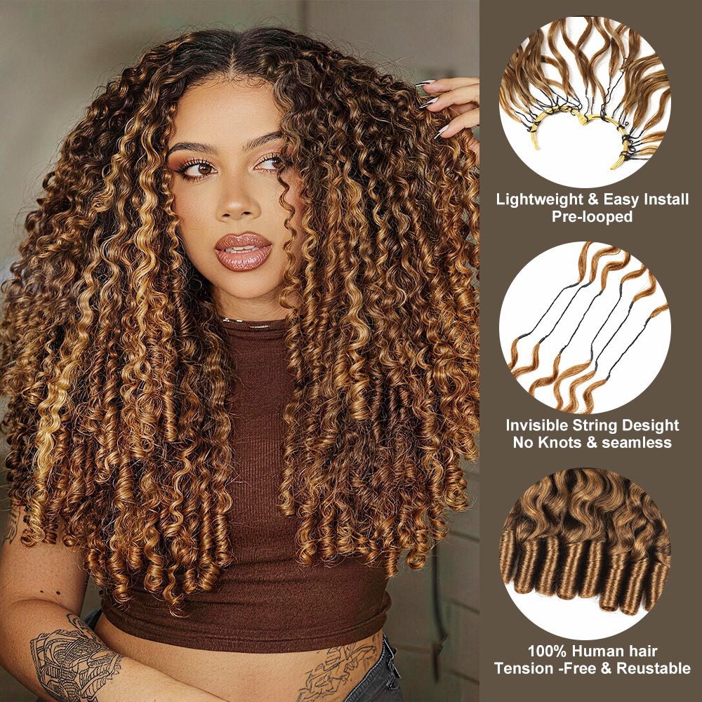 Pre-Separated Burmese Curly Highlight P4/27 Color #27 Honey Blonde Feather Crochet Hair Extension Pre-looped 100% Human Hair