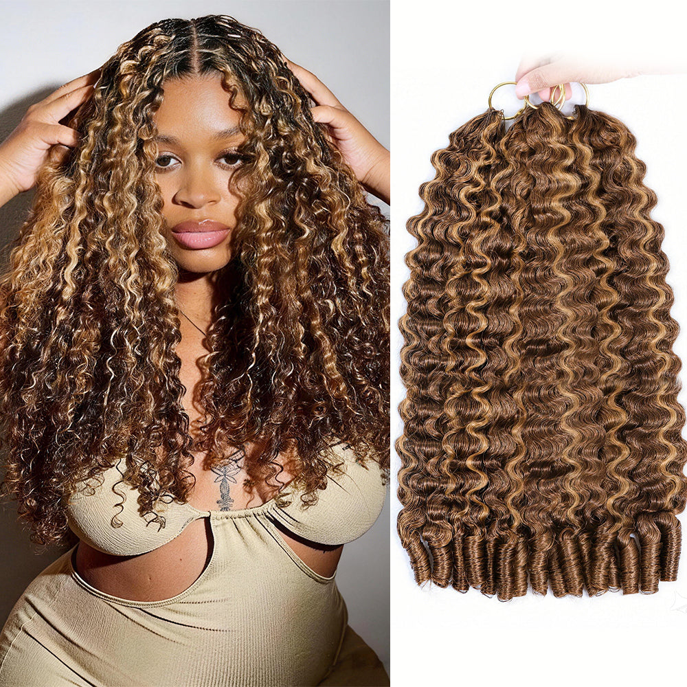 Pre-Separated Burmese Curly Highlight P4/27 Color #27 Honey Blonde Feather Crochet Hair Extension Pre-looped 100% Human Hair