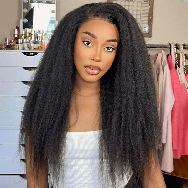 Kinky Straight Wear & Go Wigs Yaki Hair HD Transparent 13x6 Lace Front Wigs Pre Bleached Knots