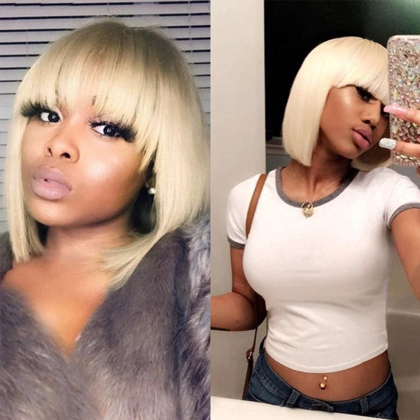 Hairsmarket Short Bob Lace Wig, 613# Blonde Straight Human Hair Wigs With Bang