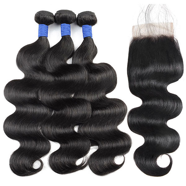 10A Brazilian Body Wave Human Hair 3 Bundles With 4*4 Lace Closure