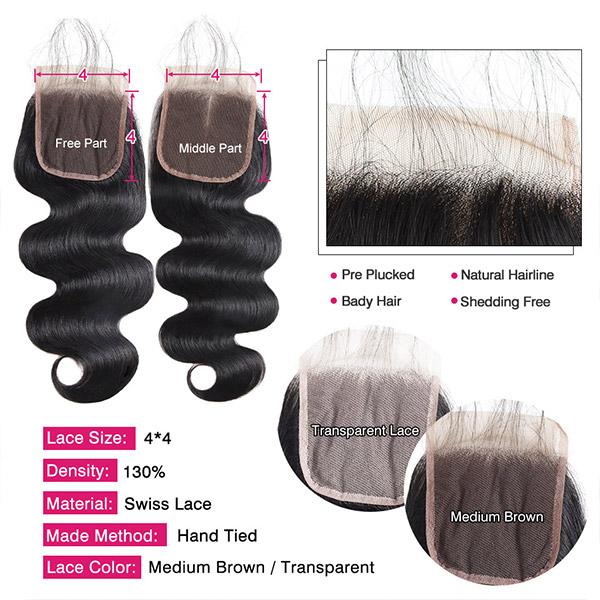 Transparent Lace Closure 4*4 Virgin Body Wave Human Hair Lace Closure