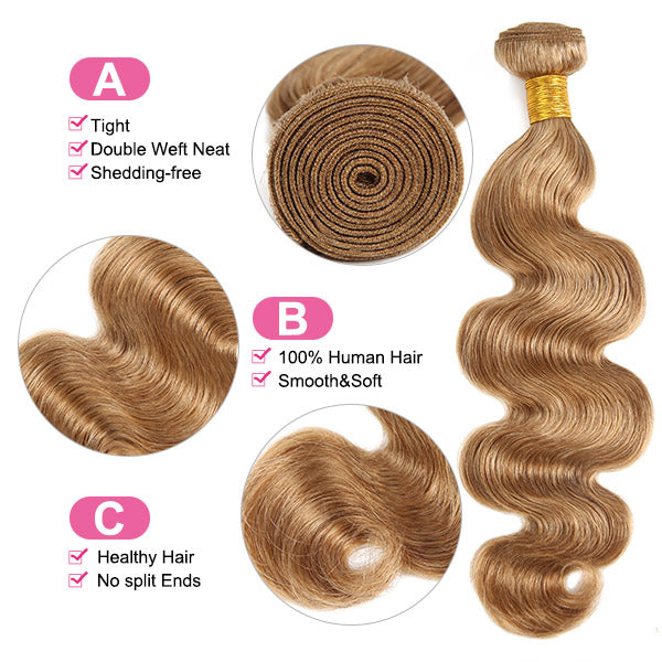 Honey Blonde Body Wave Bundles With Closure #27 Color Human Hair