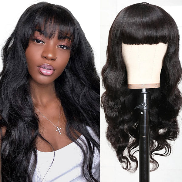 Body Wave Virgin Hair Wig With Free Part Bangs Machine Made Human Hair Wigs