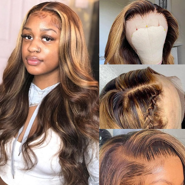Highlight Wigs Body Wave Human Hair Wigs 13x4 Lace Front Wigs Ombre Color 13x6 Invisible HD Lace Frontal Wigs P4/27 Color