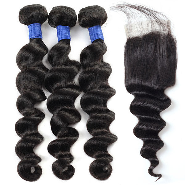 10A Brazilian Virgin Hair Loose Deep 3 Bundles With Lace Closure