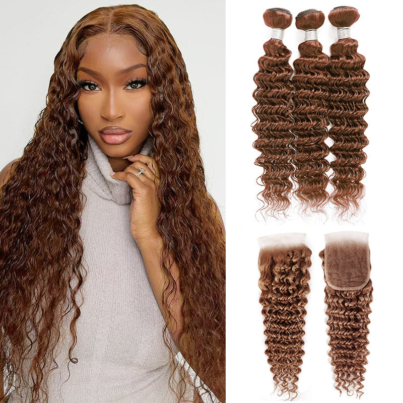 #4 Chocolate Brown Deep Wave 3 Bundles With 4x4 Lace Closure 100% Human Hair