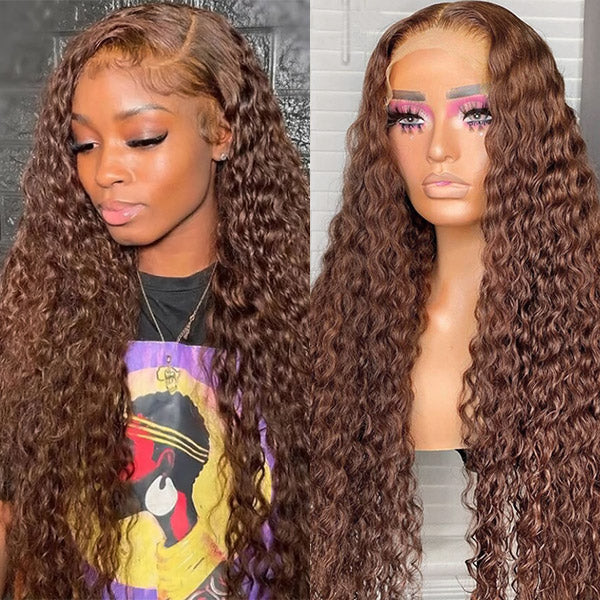 13x4 Deep Wave Frontal Wig Dark Brown HD Lace Wigs #4 Colored Human Hair Wigs