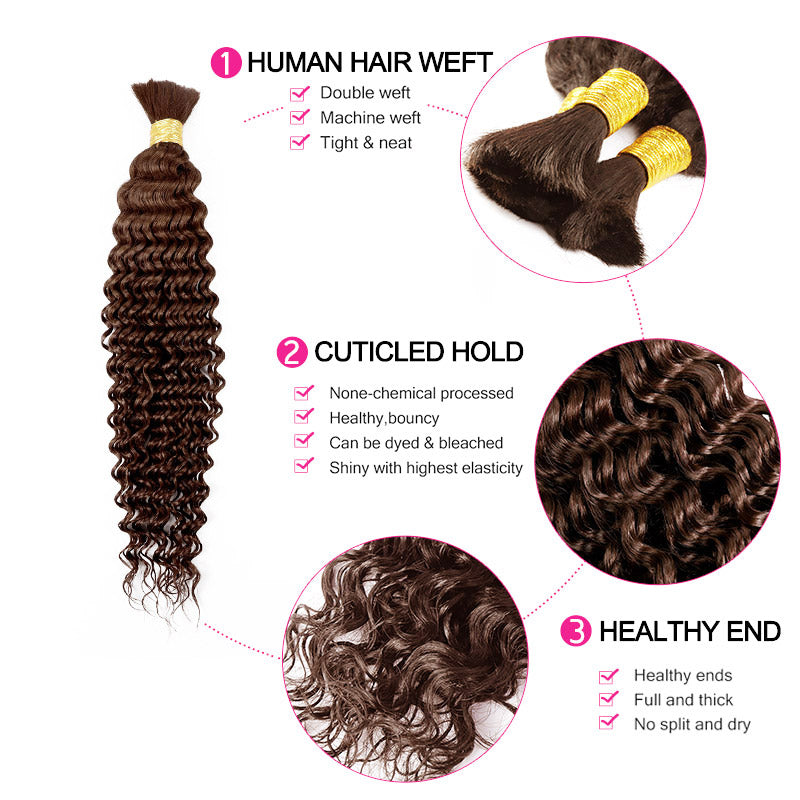 Dark Brown Deep Wave Bulk Hair For Braiding #4 Brown Colorful Human Hair