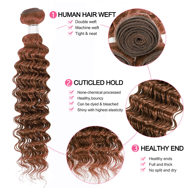 #4 Chocolate Brown Deep Wave 3 Bundles With 4x4 Lace Closure 100% Human Hair