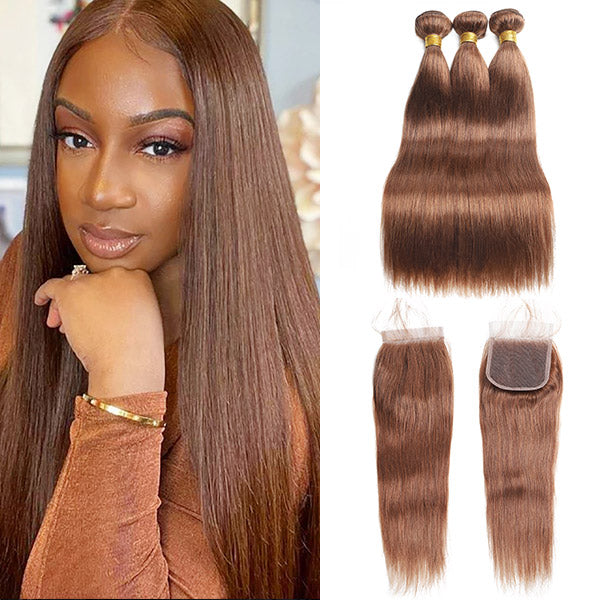 Light Brown Straight Human Hair 3 Bundles With 4x4 Closure #4 Virgin Human Hair