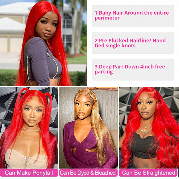 30 Inch Red Straight Hair Wig 13x4 HD Lace Frontal Wig Colored Human Hair Wigs