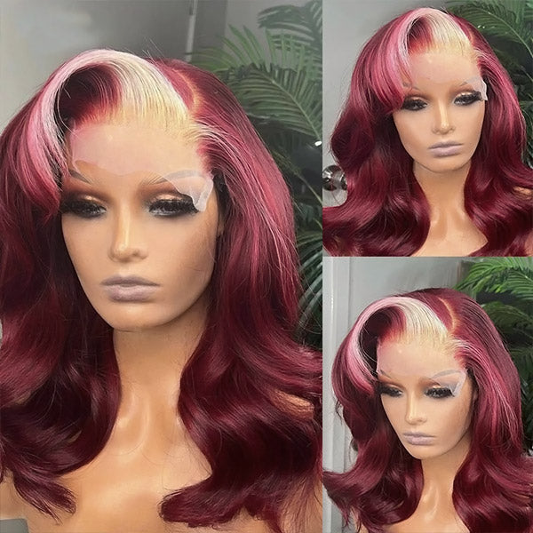 Skunk Stripe Wig Burgundy Blonde Colored Wig 13x4 Lace Front Wig Body Wave HD Wigs