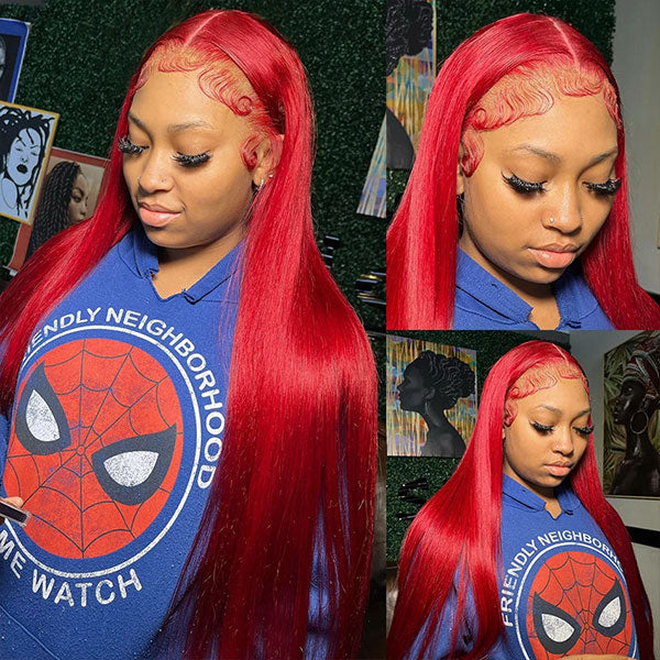 30 Inch Red Straight Hair Wig 13x4 HD Lace Frontal Wig Colored Human Hair Wigs