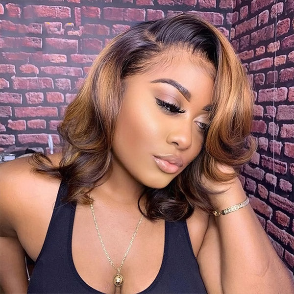 Highlight Body Wave Bob Wigs Honey Blonde Bob Wigs Short Wavy HD Lace Wig