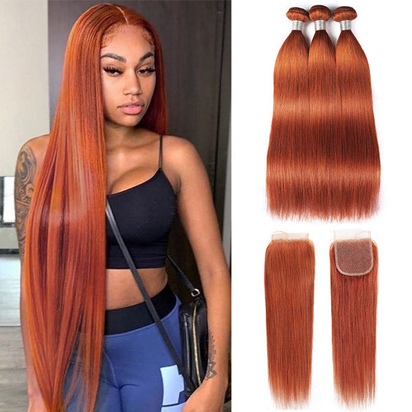 Ginger Hair Bundles with Closure Virgin Straight Human Hair 3 Bundles with Lace Closure