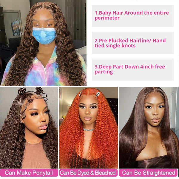 13x4 Deep Wave Frontal Wig Dark Brown HD Lace Wigs #4 Colored Human Hair Wigs