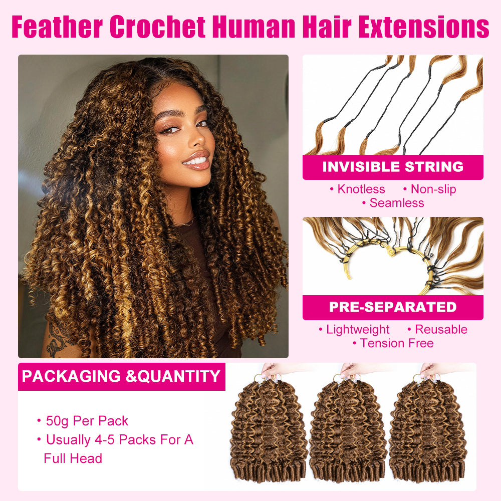 Pre-Separated Burmese Curly Highlight P4/27 Color #27 Honey Blonde Feather Crochet Hair Extension Pre-looped 100% Human Hair