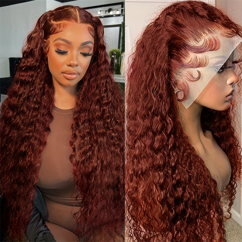 Hairsmarket #33 Reddish Brown Deep Wave Glueless Wigs HD Transparent 13x6 Lace Front Wigs