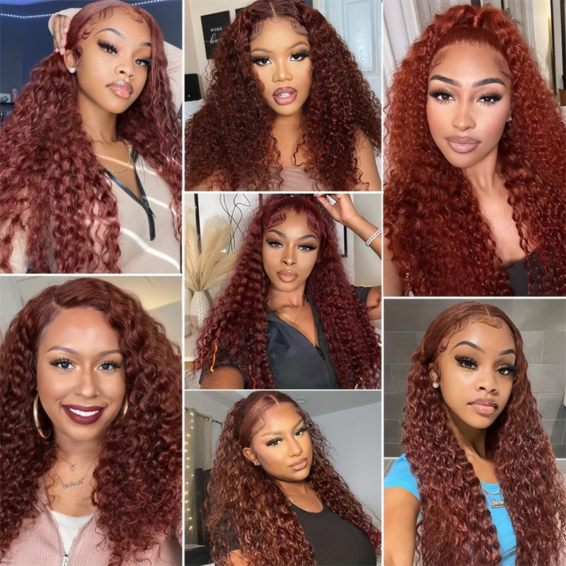 Hairsmarket #33 Reddish Brown Deep Wave Glueless Wigs HD Transparent 13x6 Lace Front Wigs