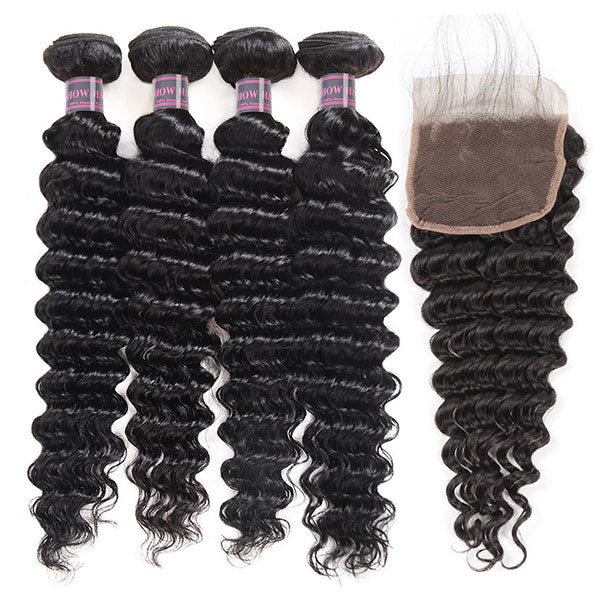 Ishow Brazilian Deep Wave Human Hair 4 Bundles With Lace Closure