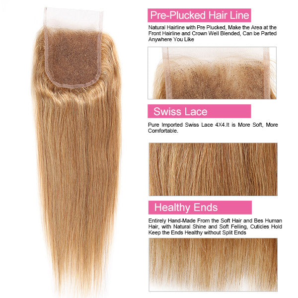 #27 Straight Hair With Closure Virgin Human Hair Colored 3 Bundles With 4x4 Closure